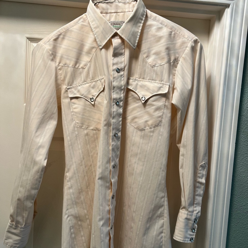 Vintage H Bar C Men's Cream Button Down Shirt ( light pink / striped)
